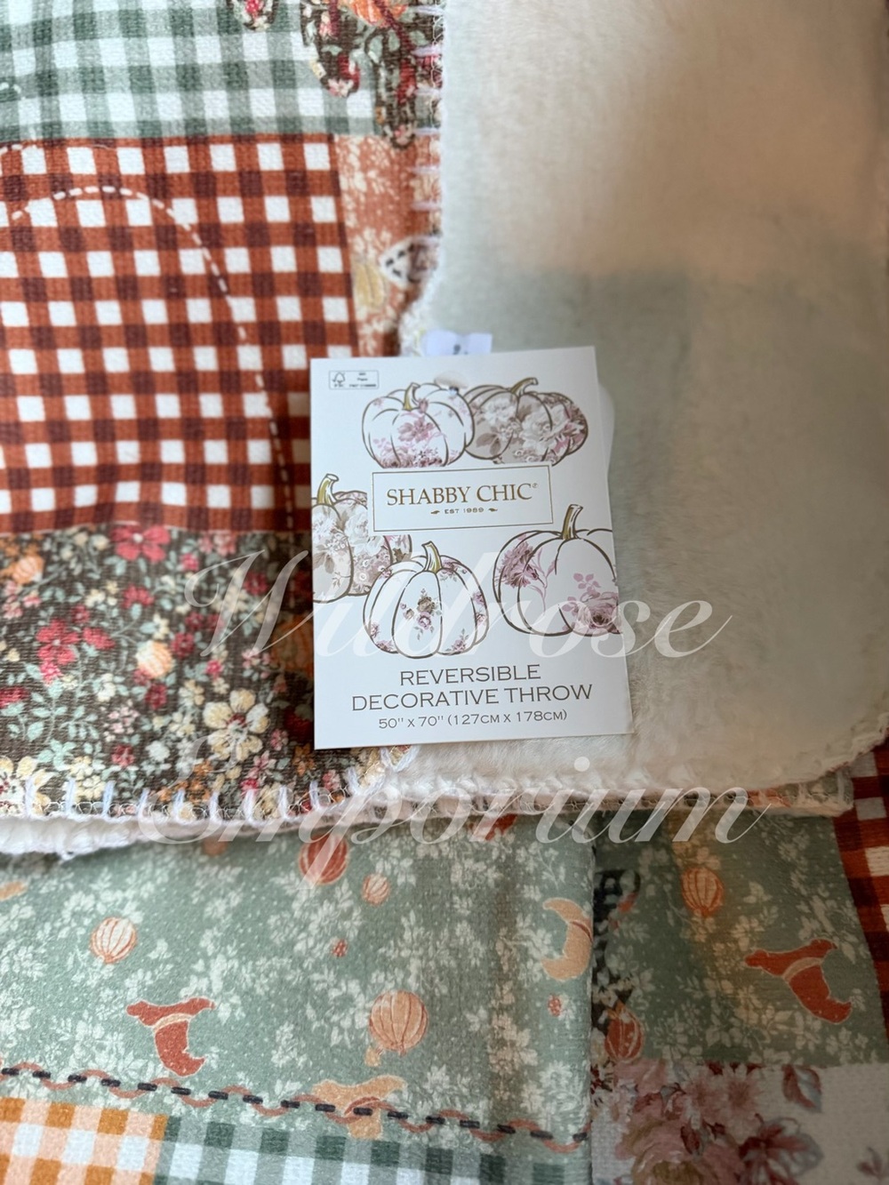 Shabby Chic farmhouse Harvest Pumpkin patchwork fall Chenille Faux Fur throw NWT - Picture 6 of 9